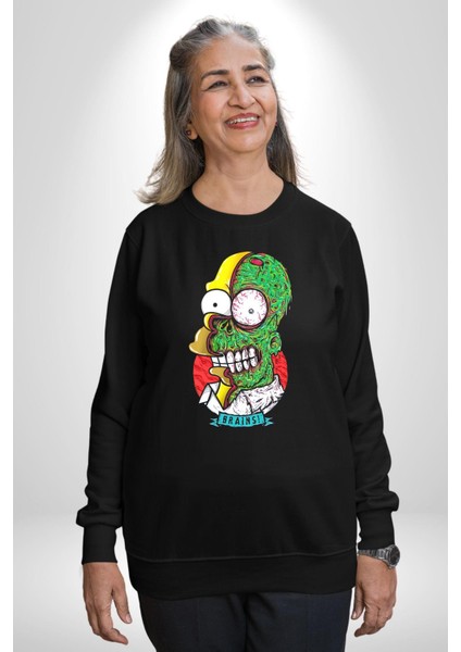 Simpsons Beyin Heryerde Kadın Erkek Siyah Sweatshirt