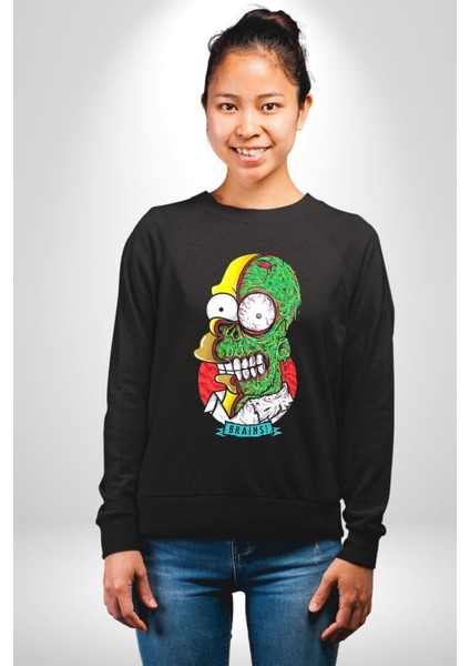 Simpsons Beyin Heryerde Kadın Erkek Siyah Sweatshirt