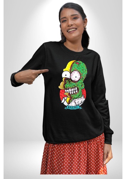 Simpsons Beyin Heryerde Kadın Erkek Siyah Sweatshirt