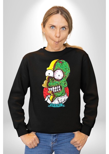 Simpsons Beyin Heryerde Kadın Erkek Siyah Sweatshirt