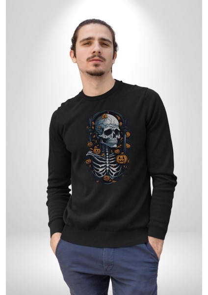 Cadılar Bayramı Kuru Kafa Kadın Erkek Siyah Baskılı Sweatshirt