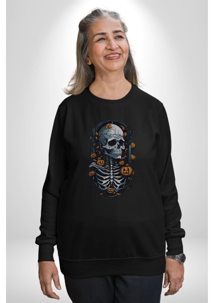 Cadılar Bayramı Kuru Kafa Kadın Erkek Siyah Baskılı Sweatshirt