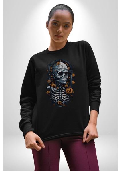 Cadılar Bayramı Kuru Kafa Kadın Erkek Siyah Baskılı Sweatshirt