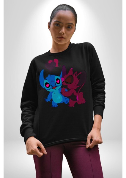 Lilo ve Stitch Aşk Kadın Erkek Siyah Sweatshirt