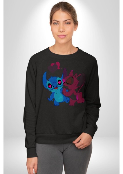 Lilo ve Stitch Aşk Kadın Erkek Siyah Sweatshirt