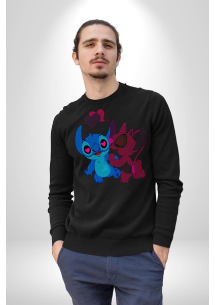 Lilo ve Stitch Aşk Kadın Erkek Siyah Sweatshirt