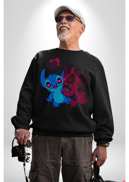Lilo ve Stitch Aşk Kadın Erkek Siyah Sweatshirt