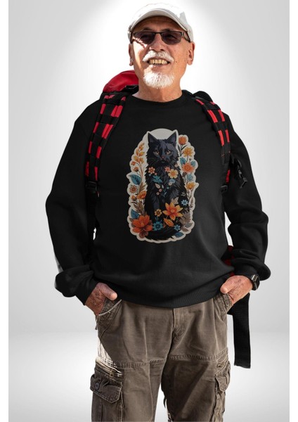 Şimşek Yağmur Kedi Kadın Erkek Siyah Baskılı Sweatshirt fiyatları
