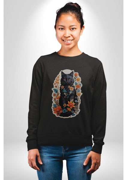Şimşek Yağmur Kedi Kadın Erkek Siyah Baskılı Sweatshirt modelleri