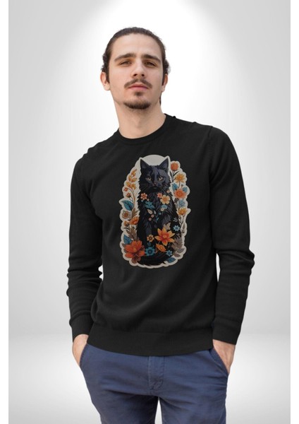 Şimşek Yağmur Kedi Kadın Erkek Siyah Baskılı Sweatshirt fırsatları