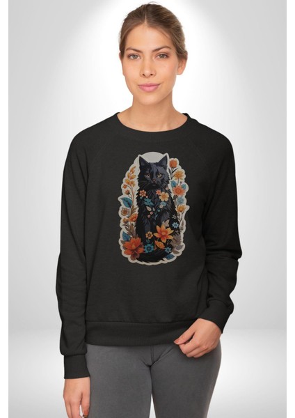 Şimşek Yağmur Kedi Kadın Erkek Siyah Baskılı Sweatshirt indirimleri