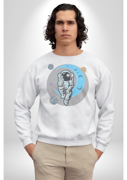 Astronot Uzayda Sıkılmış Kadın Erkek Beyaz Baskılı Sweatshirt