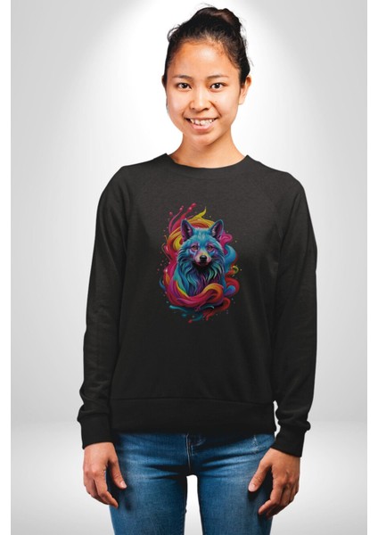Renkli Kurt Kadın Erkek Siyah Baskılı Sweatshirt