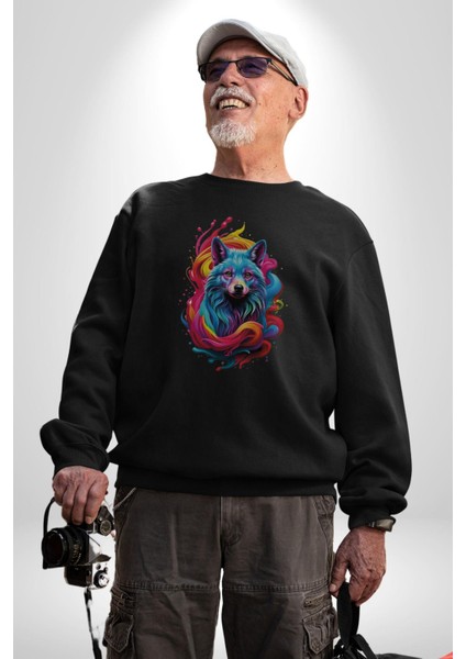 Renkli Kurt Kadın Erkek Siyah Baskılı Sweatshirt fiyatları