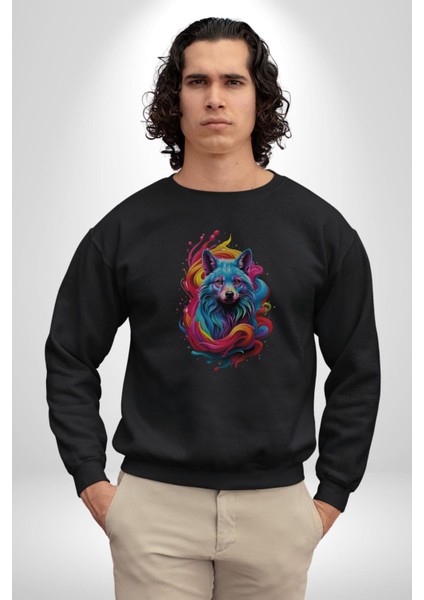 Renkli Kurt Kadın Erkek Siyah Baskılı Sweatshirt indirimleri