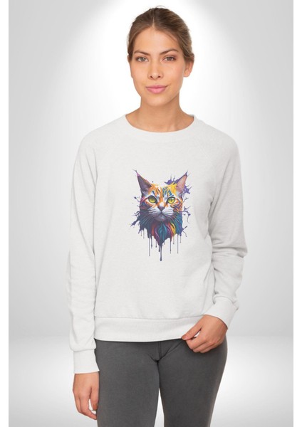 Şimşek Yağmur Kedi Kadın Erkek Beyaz Baskılı Sweatshirt