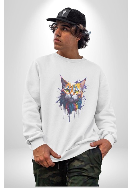 Şimşek Yağmur Kedi Kadın Erkek Beyaz Baskılı Sweatshirt fiyatları
