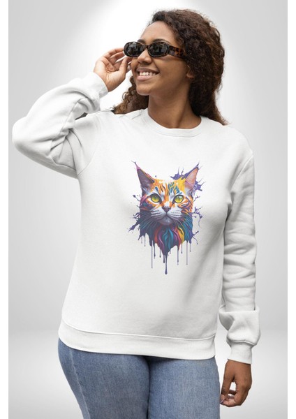 Şimşek Yağmur Kedi Kadın Erkek Beyaz Baskılı Sweatshirt fırsatları