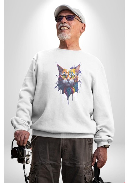 Şimşek Yağmur Kedi Kadın Erkek Beyaz Baskılı Sweatshirt indirimleri