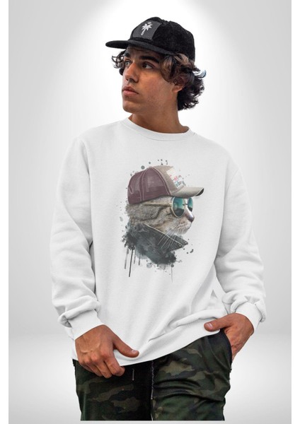 Pilot Çeketli Deri Şapkalı Cool Kedi Kadın Erkek Beyaz Baskılı Sweatshirt fırsatları