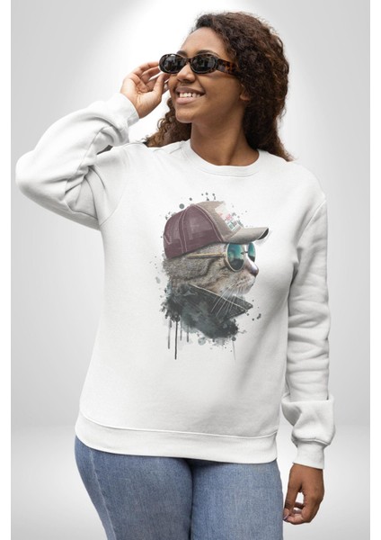 Pilot Çeketli Deri Şapkalı Cool Kedi Kadın Erkek Beyaz Baskılı Sweatshirt indirimleri