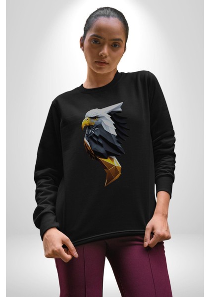 Yapay Zeka Kartal Kuş Tasarımı Kadın Erkek Siyah Baskılı Sweatshirt fırsatları
