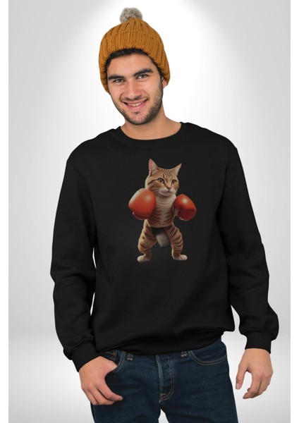 Boks Yapan Kedi Kadın Erkek Siyah Baskılı Sweatshirt