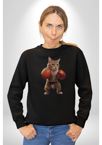 Boks Yapan Kedi Kadın Erkek Siyah Baskılı Sweatshirt