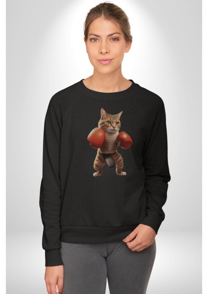 Boks Yapan Kedi Kadın Erkek Siyah Baskılı Sweatshirt