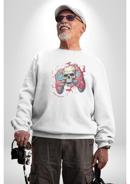 Oyun Kumandası Insanı Ele Geçirişi Kadın Erkek Beyaz Baskılı Sweatshirt fiyatları