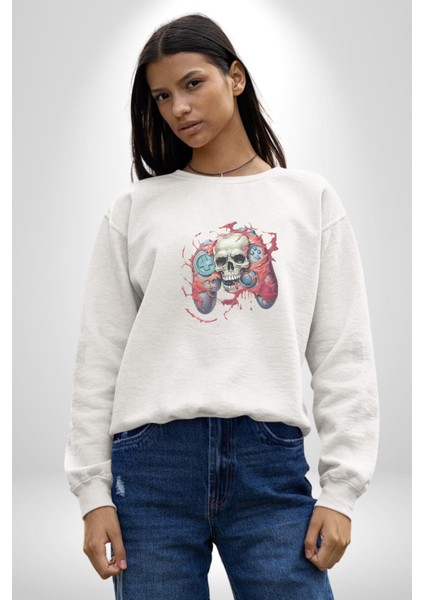 Oyun Kumandası Insanı Ele Geçirişi Kadın Erkek Beyaz Baskılı Sweatshirt modelleri