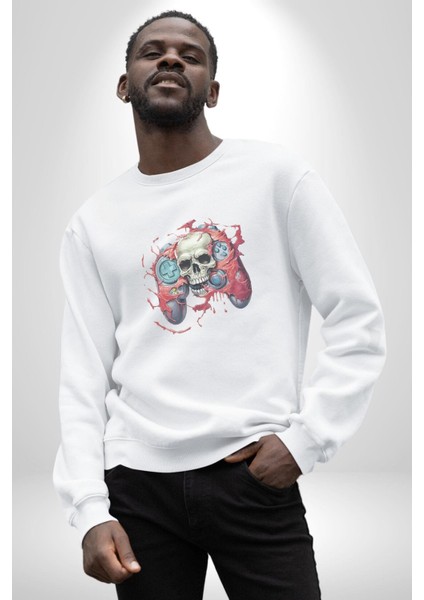 Oyun Kumandası Insanı Ele Geçirişi Kadın Erkek Beyaz Baskılı Sweatshirt indirimleri
