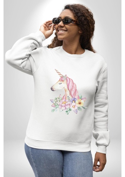 Unicorn Çiçek Kadın Erkek Beyaz Baskılı Sweatshirt