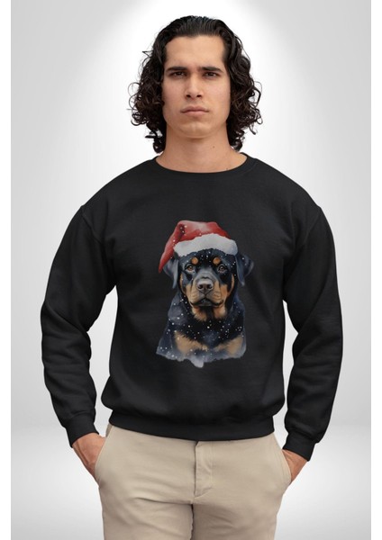 Yeni Yıl Noel Rottweiler Kadın Erkek Siyah Baskılı Sweatshirt