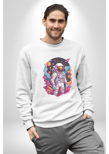 Ay Mars Astronot Kadın Erkek Beyaz Baskılı Sweatshirt