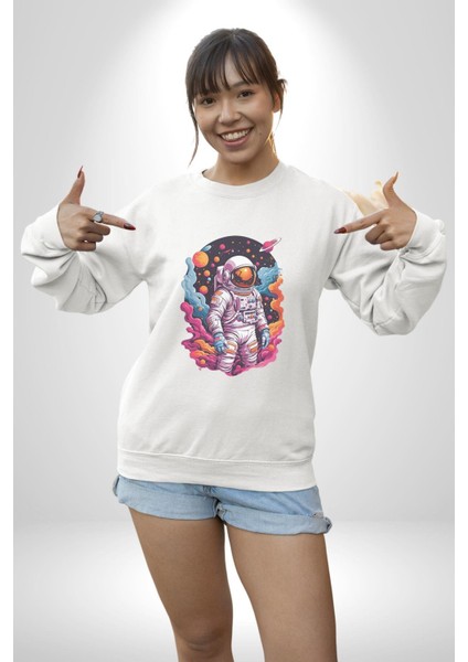 Ay Mars Astronot Kadın Erkek Beyaz Baskılı Sweatshirt fiyatları