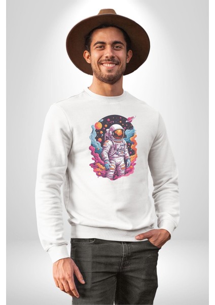 Ay Mars Astronot Kadın Erkek Beyaz Baskılı Sweatshirt modelleri
