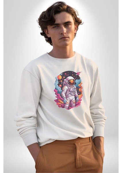 Ay Mars Astronot Kadın Erkek Beyaz Baskılı Sweatshirt indirimleri