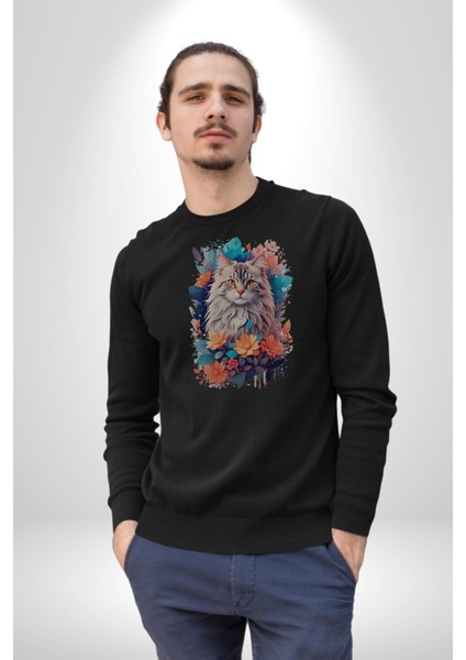 Çiçek Kedi Sulu Boya Kadın Erkek Siyah Baskılı Sweatshirt