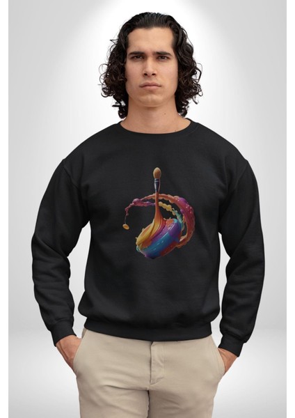 Resim Fırcası Kadın Erkek Siyah Baskılı Sweatshirt modelleri