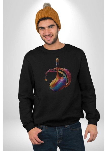 Resim Fırcası Kadın Erkek Siyah Baskılı Sweatshirt indirimleri