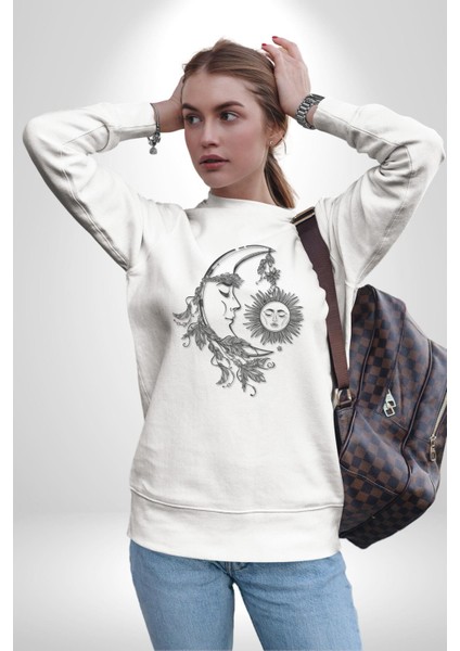 Ay Güneş Astroloji Aşk Estetik Kadın Erkek Beyaz Baskılı Sweatshirt modelleri