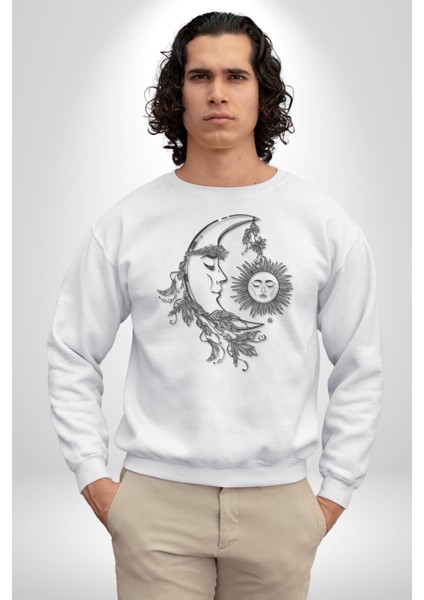 Ay Güneş Astroloji Aşk Estetik Kadın Erkek Beyaz Baskılı Sweatshirt indirimleri
