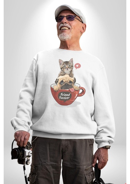 Kedi ve Köpek Sonsuzadek Arkadaşız Kadın Erkek Beyaz Baskılı Sweatshirt fiyatları