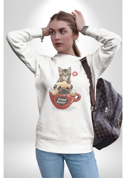 Kedi ve Köpek Sonsuzadek Arkadaşız Kadın Erkek Beyaz Baskılı Sweatshirt modelleri