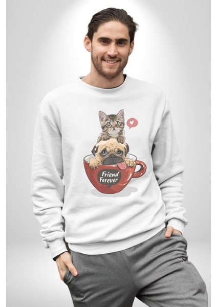 Kedi ve Köpek Sonsuzadek Arkadaşız Kadın Erkek Beyaz Baskılı Sweatshirt fırsatları