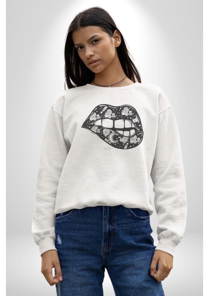 Ay Yıldız Dudak Bulut Dövme Kadın Erkek Beyaz Baskılı Sweatshirt