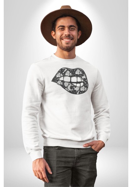 Ay Yıldız Dudak Bulut Dövme Kadın Erkek Beyaz Baskılı Sweatshirt