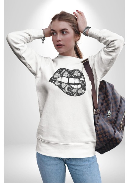 Ay Yıldız Dudak Bulut Dövme Kadın Erkek Beyaz Baskılı Sweatshirt