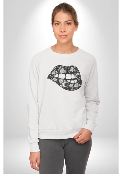 Ay Yıldız Dudak Bulut Dövme Kadın Erkek Beyaz Baskılı Sweatshirt